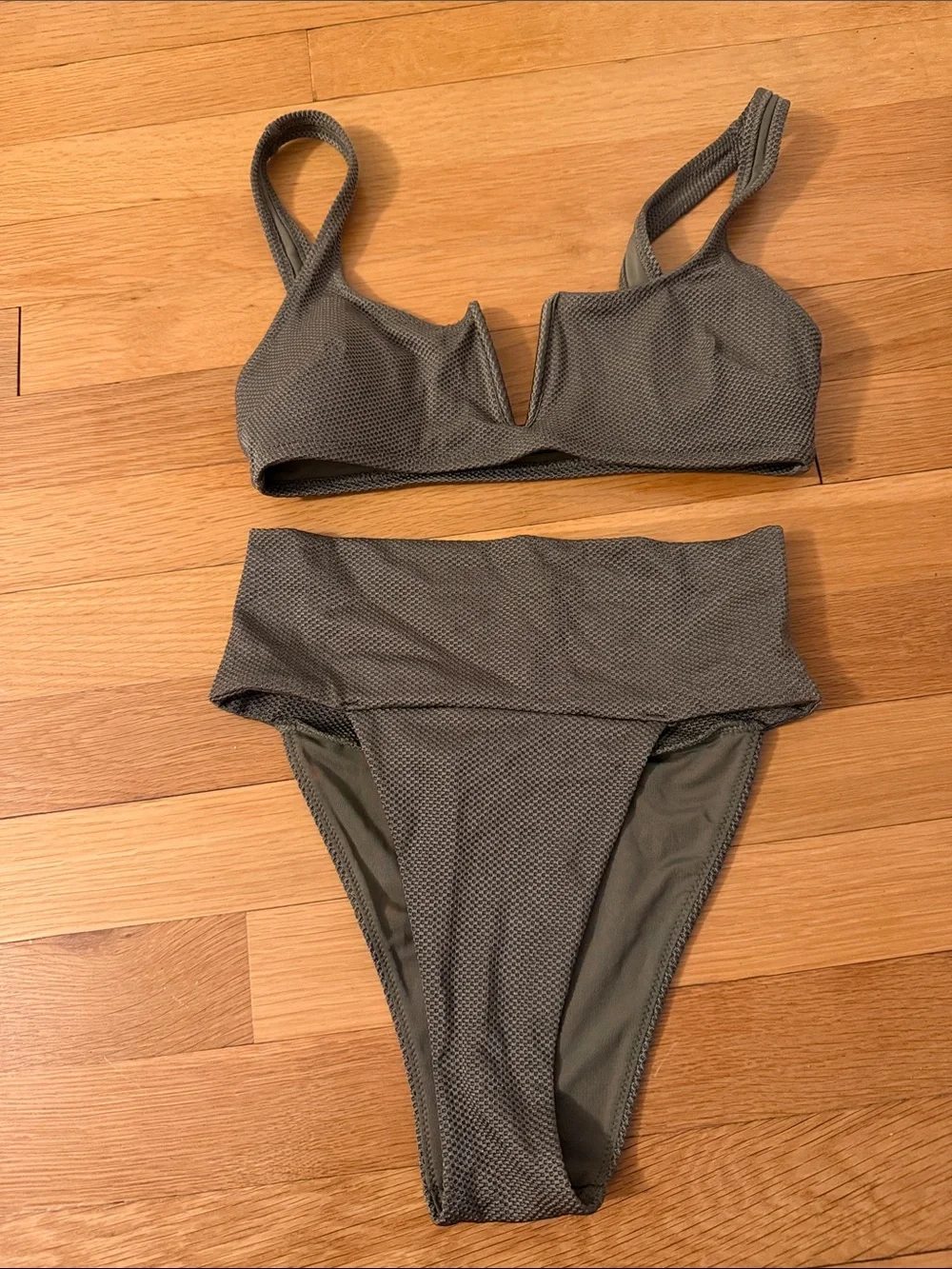 aerie Olive Textured V-Notch Bikini Set with High-Waist Fold